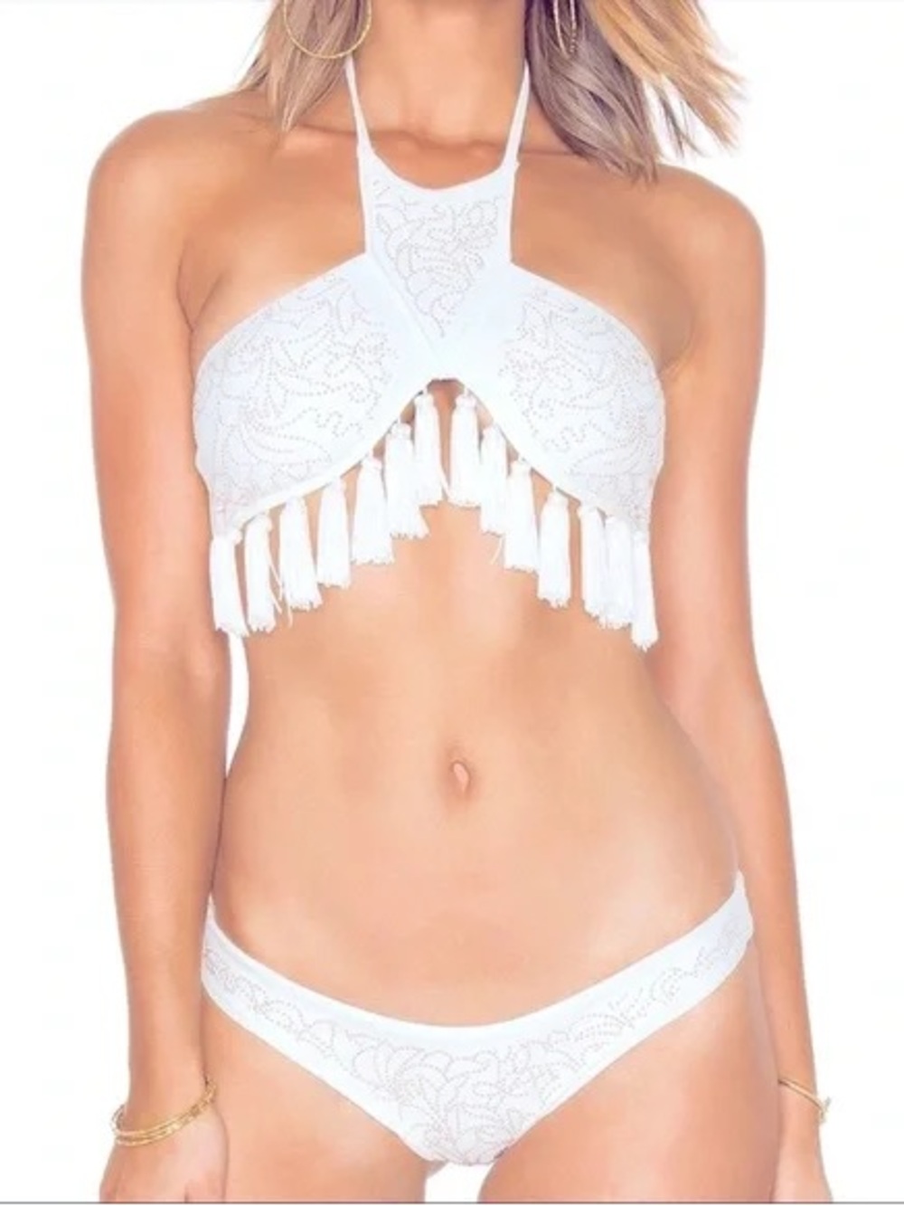 Beach Riot White Crochet Tassel Halter Bikini Set